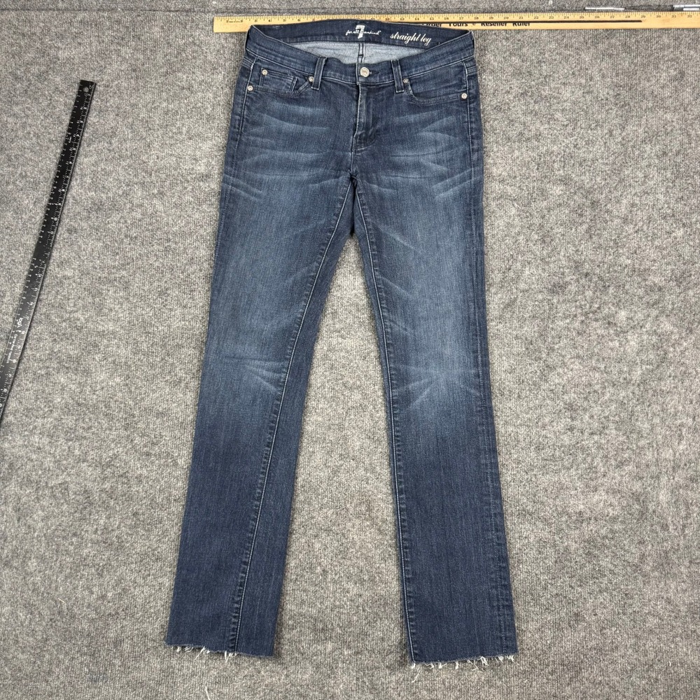 7 For All Mankind Jeans Womens Size 28 Blue Straight Leg Raw Hem Stretch Denim